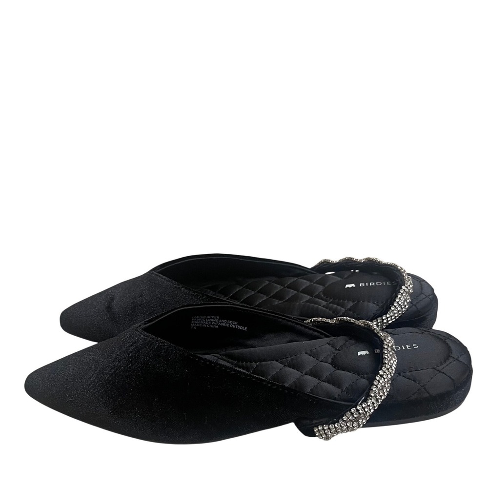 Birdies‎ Swan Black Velvet Pointed Toe Rhinestone Strap Flat Mules Womens 7.5